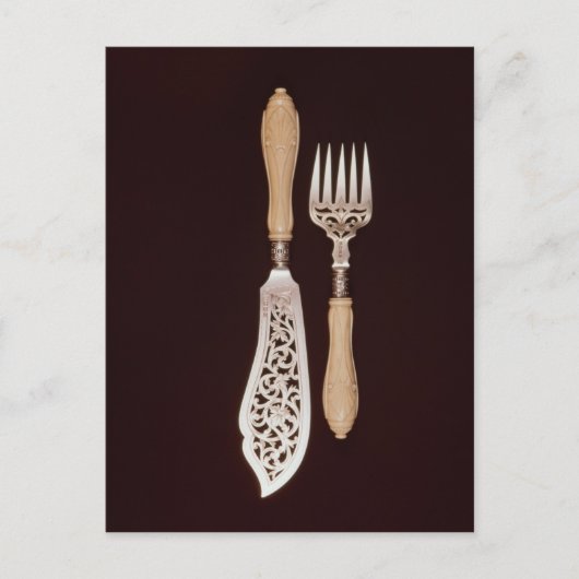 切り刻まれたアイボリー・ハンドルを備えた魚型サーバー ポストカード (正面)