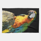 切り株の大きいオレンジおよびティール(緑がかった色)のオウム キッチンタオル (横)