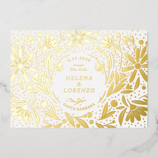 切り素朴花の日付金ゴールドを保存 箔招待状 (正面)
