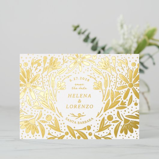 切り素朴花の日付金ゴールドを保存 箔招待状 (立ち正面)