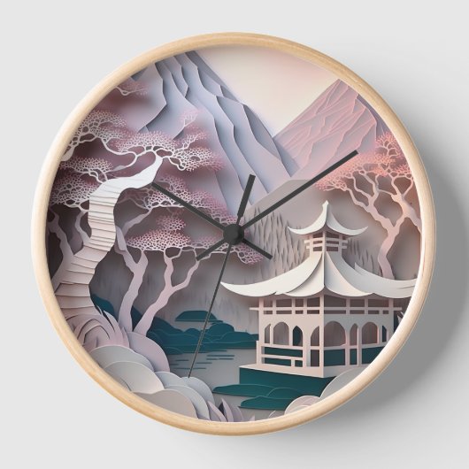 切り絵のパビリオン風景ウォールクロック 壁時計 (正面)