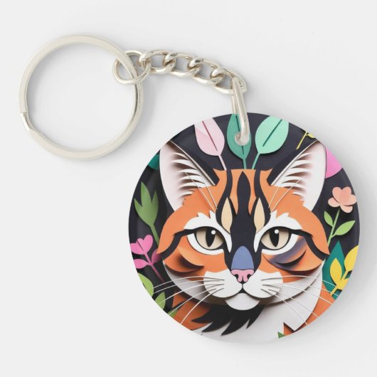 切り絵アートの幻想的な森の猫 キーホルダー (正面)