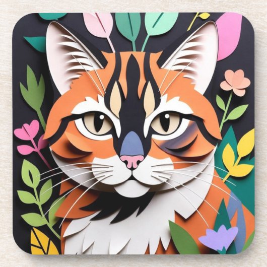 切り絵アートの幻想的な森の猫 コースター (正面)
