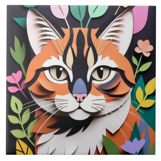 切り絵アートの幻想的な森の猫 タイル (正面)