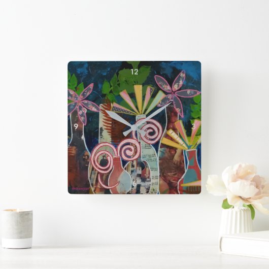 切り花アート付き時計 スクエア壁時計 (ホーム)