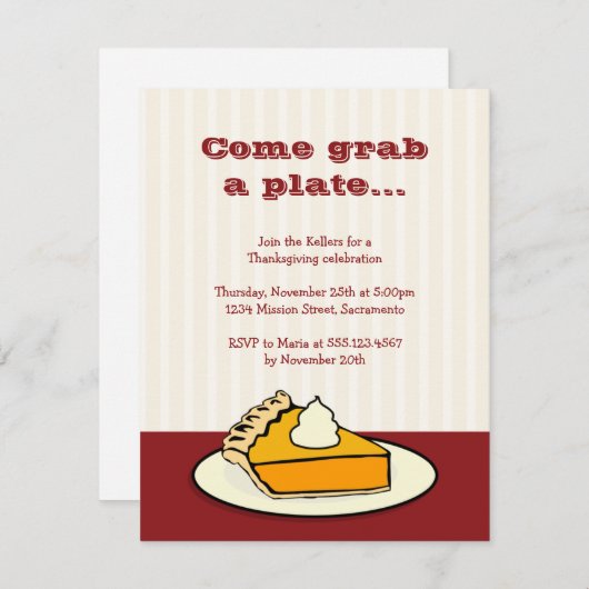 切れのプレートの感謝祭の夕食のパンプキンパイ 招待状 (正面/裏面)