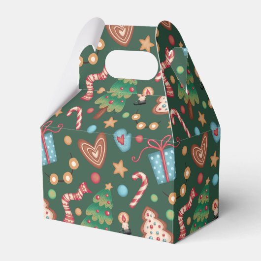切妻型ギフトボックス 緑のクリスマスパターン フェイバーボックス (正面サイド)