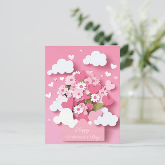切紙ハートと花バレンタインの挨拶 ポストカード (スタンド正面)