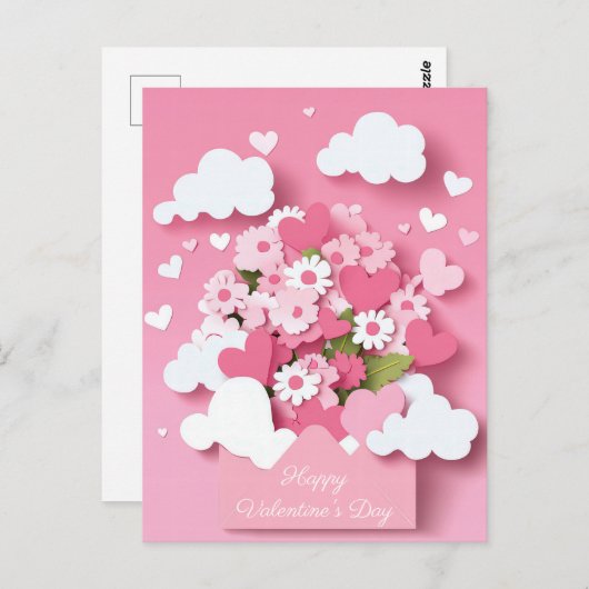 切紙ハートと花バレンタインの挨拶 ポストカード (正面/裏面)