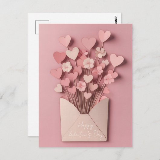 切紙ハートと花バレンタインの挨拶 ポストカード (正面/裏面)