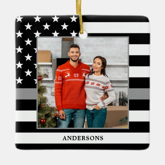 刑務官カスタム写真グレークリスマス  セラミックオーナメント (正面)