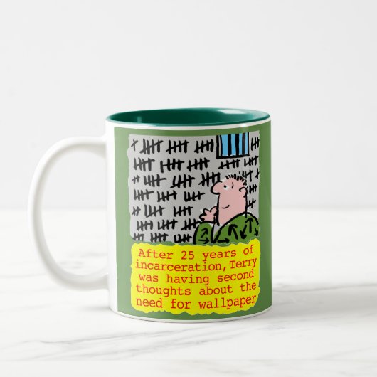 刑務所の囚人は壁紙を必要としない ツートーンマグカップ (左)