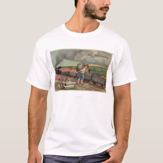列車でお金を投げ出している小さい男の子 Tシャツ (正面)