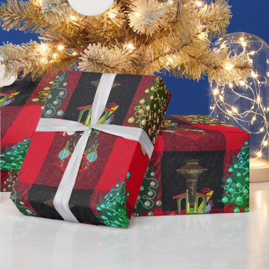 列車とクリスマスツリーの格子模様の黒い赤 ラッピングペーパー (クリスマス)