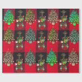 列車とクリスマスツリーの格子模様の黒い赤 ラッピングペーパー (フラット)