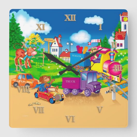 列車と車 スクエア壁時計 (正面)