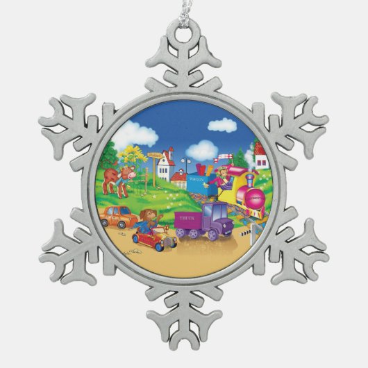 列車と車 スノーフレークピューターオーナメント (正面)