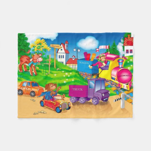 列車と車 フリースブランケット (正面(横))