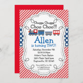 列車のエンジン、赤いストライプ 青い水玉模様の誕生日 招待状 (正面/裏面)