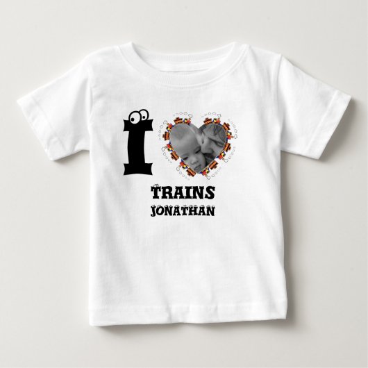 列車のカスタムハート写真の私は電車が大好き子供へ ベビーTシャツ (正面)