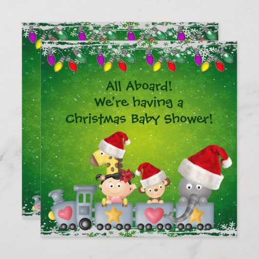 列車のクリスマスのベビーシャワーのかわいい動物及び女の子 招待状 (正面/裏面)