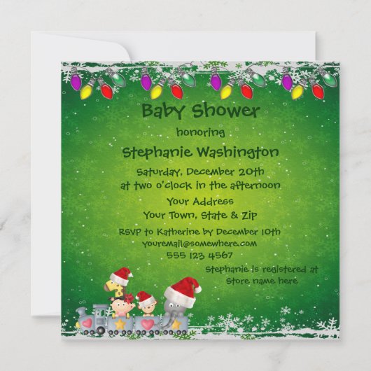 列車のクリスマスのベビーシャワーのかわいい動物及び女の子 招待状 (裏面)