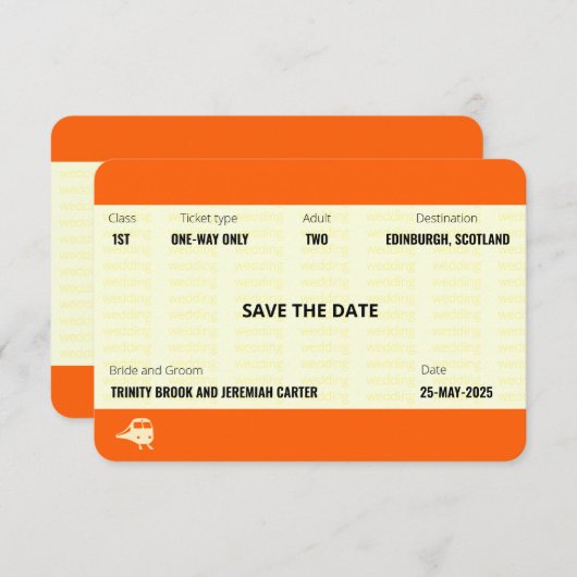 列車のチケットにインスパイアされた | 結婚式のSave the Date 招待状 (正面/裏面)