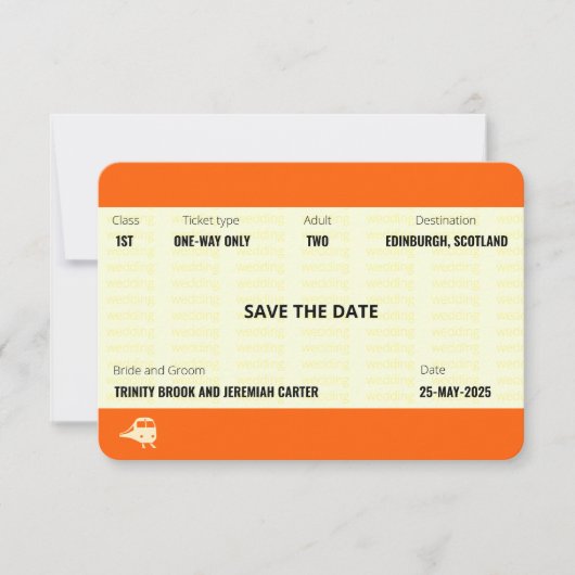 列車のチケットにインスパイアされた | 結婚式のSave the Date 招待状 (正面)