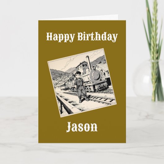 列車のテーマパーソナライズされたのカラーリング誕生日 カード (正面)