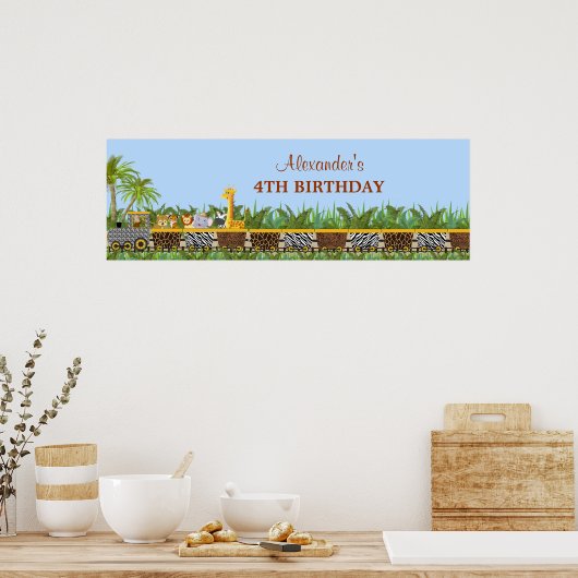 列車のバナーにサファリジャングルの動物たち ポスター (キッチン)