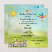 列車のベビーシャワーのかわいい動物及び女の子 招待状 (正面/裏面)