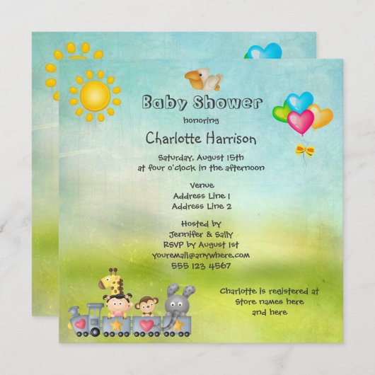 列車のベビーシャワーのかわいい動物及び女の子 招待状 (正面/裏面)