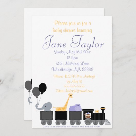 列車のベビーシャワー招待状のベビー動物 招待状 (正面/裏面)