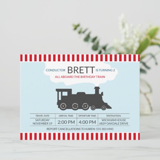 列車のロコモーティブのコンダクターの誕生会 招待状 (スタンド正面)