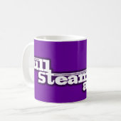 列車の完全な蒸気の前方に紫色のロゴのマグを蒸気を発して下さい コーヒーマグカップ (正面左)