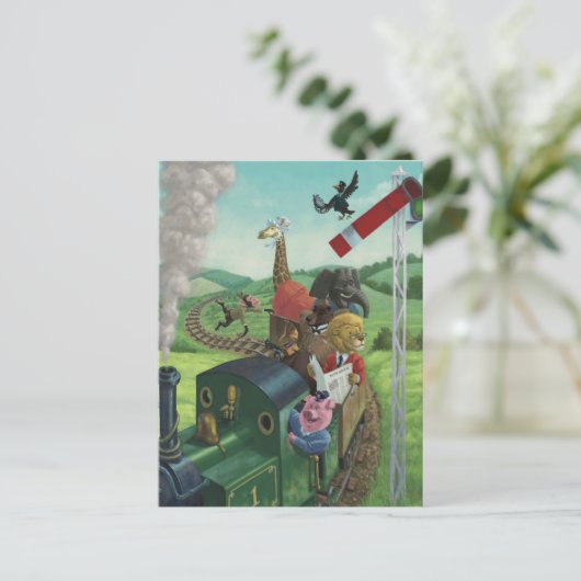 列車の旅を楽しむ漫画の動物 ポストカード (スタンド正面)