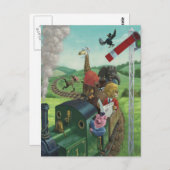 列車の旅を楽しむ漫画の動物 ポストカード (正面/裏面)