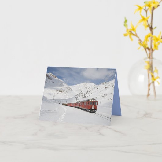 列車の機関車の冬の山の写真ノート カード (黄色い花)