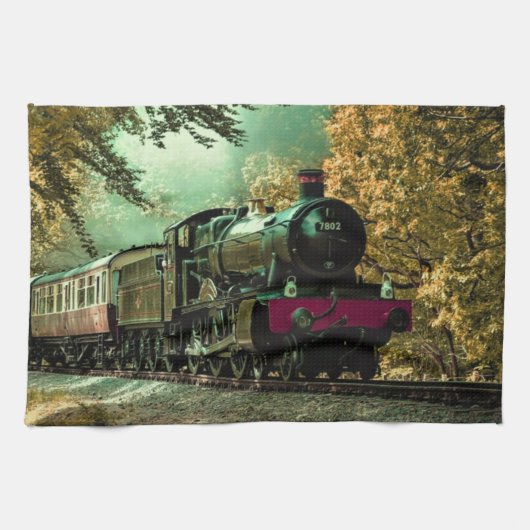 列車の機関車レトロヴィンテージ紅葉 キッチンタオル (横)