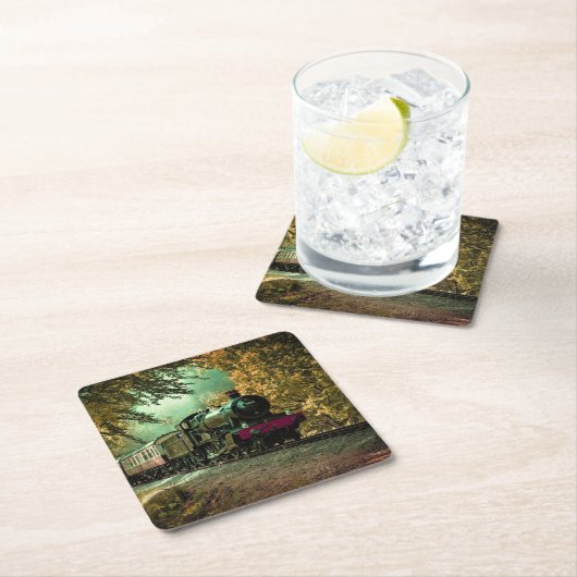 列車の機関車レトロヴィンテージ紅葉 スクエアペーパーコースター (インサイチュ)