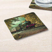 列車の機関車レトロヴィンテージ紅葉 スクエアペーパーコースター (アングル)