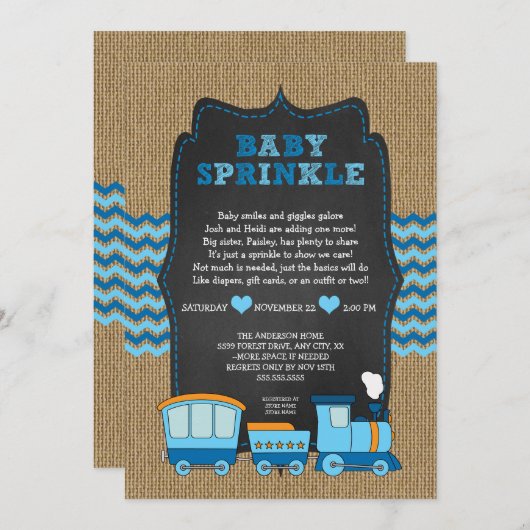 列車の男の子のベビー/素朴なバーラップの黒板は振りかけます 招待状 (正面/裏面)