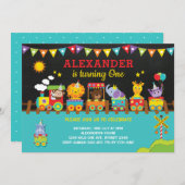 列車の第1誕生日のジャングルサファリの野生動物 招待状 (正面/裏面)