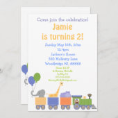 列車の誕生日の招待状の動物 招待状 (正面/裏面)