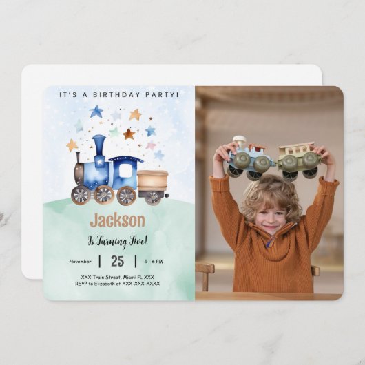 列車の誕生日パーティーの写真 招待状 (正面/裏面)