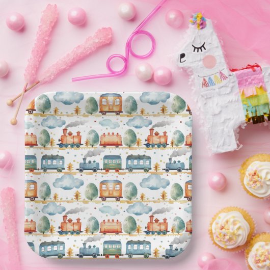 列車の誕生日パーティーベビーシャワー水色 ペーパープレート (パーティー)