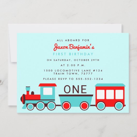 列車の誕生日パーティーレッドアンドブルー招待状 招待状 (正面)