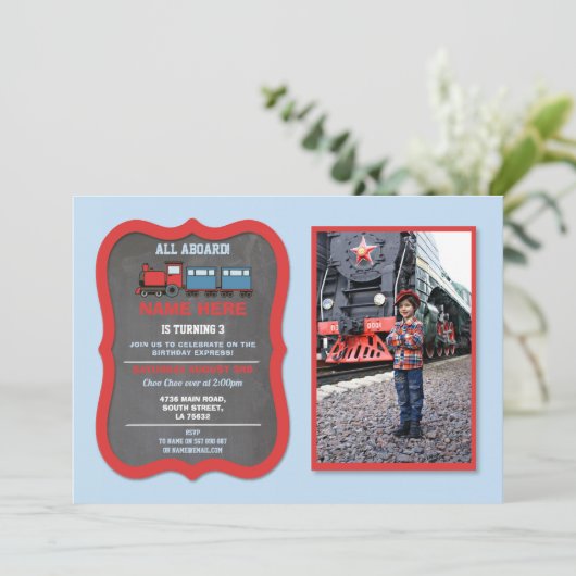 列車の誕生日パーティー鉄道駅の列車写真 招待状 (スタンド正面)