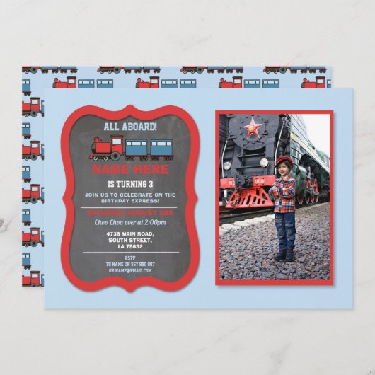 列車の誕生日パーティー鉄道駅の列車写真 招待状 (正面/裏面)