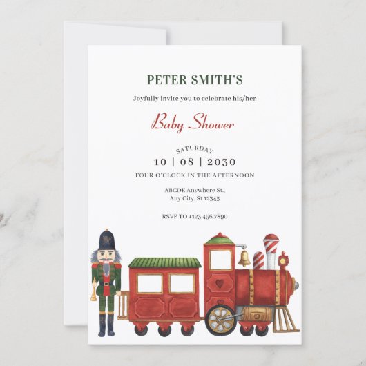 列車の赤ちゃんシャワー付きクリスマスのくるみ割り 招待状 (正面)
